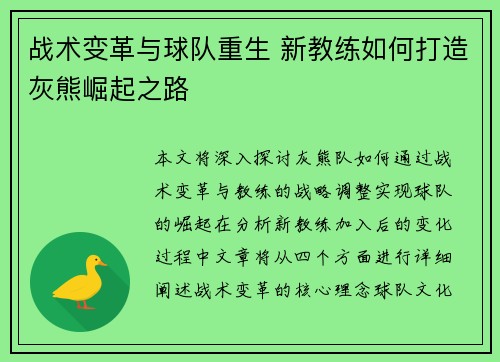 战术变革与球队重生 新教练如何打造灰熊崛起之路