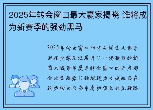 2025年转会窗口最大赢家揭晓 谁将成为新赛季的强劲黑马
