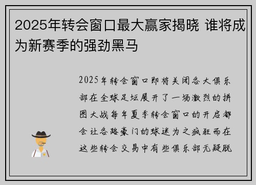 2025年转会窗口最大赢家揭晓 谁将成为新赛季的强劲黑马 2025年转会窗口最大赢家揭晓 谁将成为新赛季的强劲黑马