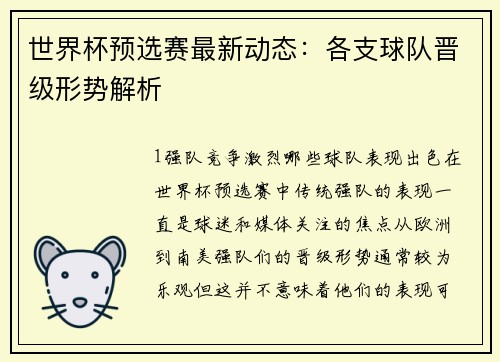 世界杯预选赛最新动态：各支球队晋级形势解析